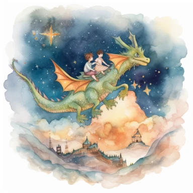 two toddlers flying through the sky on the dragon's back. They can see the entire enchanted forest below them, and the stars twinkle above, watercolours, boho style, clipart