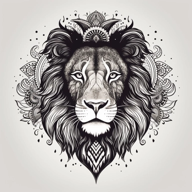 Design a majestic, black and white graphic tattoo that takes inspiration from the Persian 'shir-o-khorsheed' emblem. Feature a lion, standing fearless and calm, bathed in the glow of a radiant sun. The lion's features should be intricately detailed, a symbol of strength and authority. Ensure the sun's rays are bursting forth, giving the impression of a bright future and unfaltering optimism. Intertwine a Shamshir sword into the design, an emblem of courage and valor, perhaps held proudly by the 