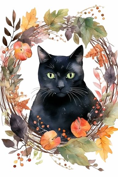 Halloween clipart, black cat Delicate watercolor illustration, White background, Cozy, clear picture, 8k, hd, isolatee on a white background, Wreath, Frame Clip Art