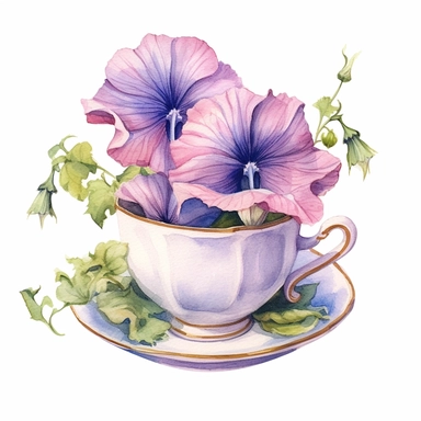 watercolor painting,Morning Glory flowers in teacup clipart, beautiful teacup clip art, fancy teacup, delicate little teacup, victorian