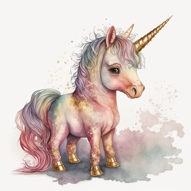 fantasy baby unicorn, clipart watercolor illustration, aquarallist, cute, big eyes, pretty pink, unicorncore, fairycore, free brushwork, watercolor, light and bright, four legs, gold horn, sparkle, skarklecore, detailed, isolated on a white background,
