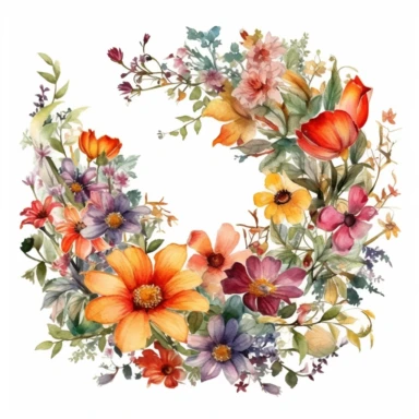 The watercolor floral border clipart morphs into an oil painting, reminiscent of the lush, botanical works of Rachel Ruysch. Against a white background, the border is alive with wildflowers painted with rich, vibrant strokes. The color temperature is balanced, each flower bursting with a unique palette of hues. No facial expressions are present, but the flowers radiate life and vitality. The lighting is subtly dramatic, enhancing the textural details and the lush, immersive atmosphere.
