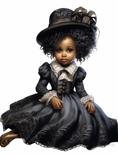 gorgeous african american baby girl in victorian dress, clipart, Composition: Relaxed position with intricate high hairstyle, Style: gothic, white background, hyperrealism, 32k