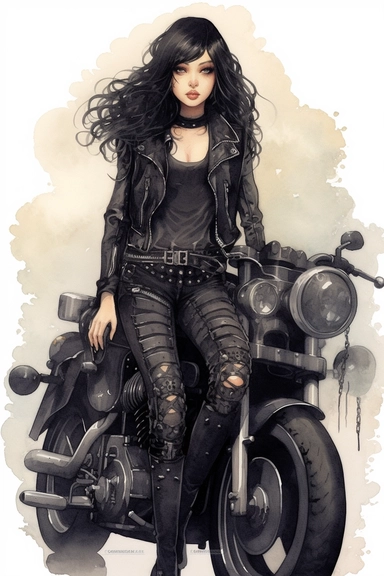 watercolor mixed media goth steampunk girl entire body illustration in front of a goth steampunk motorcycle clipart by holly hobbie