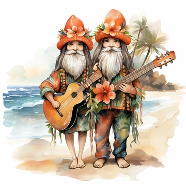 gnomes couple (man and woman) in Hawaii beach outfit, vibrant color, clipart, watercolor illustration, white background