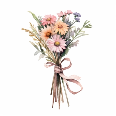 wild flowers with long stems tied together with string to make a bouquet, super-realistic, detailed, watercolor, light colors, clipart, minimalist
