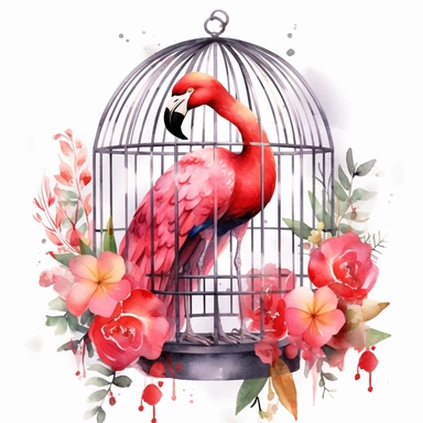 An endearing watercolor Flamingo bird clipart of Flamingo bird in cage 300DPI