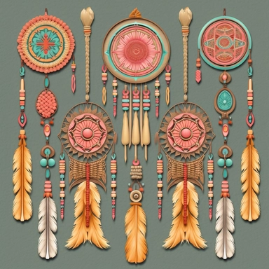 Bohemian Elements: Create clipart featuring key bohemian decorative elements like tassels, fringes, macrame, beads, and feathers. These elements can be used individually or combined to create unique compositions with with vibrant colors, organic shapes, and a sense of free-spiritedness