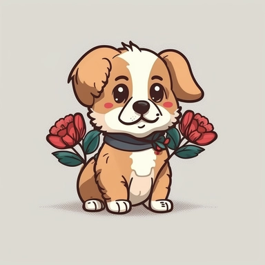 mascot flat color cartoon Cute little dog with flower. Happy Valentine's day clipart. cartoon, vector, illustration. white background
