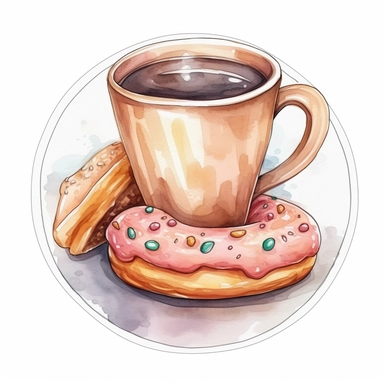 Full isolated coffee cup and donut on a plate on a white background, bolded outline clipart sticker watercolour style, bolded outline sticker, front view, isolated on a white background