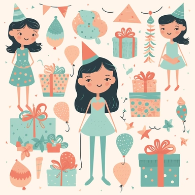 isolated collection of images of birthday girl party enchanting designs, cute, clipart, vector, svg, flat image, sticker