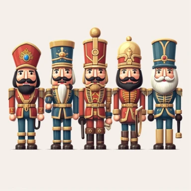 6 nutcrackers clipart, detailed, 8k, national geographic retro, retro style, vintage style, vivid colors, drawing illustration, high quality, very detailed, isolated on white background, UHD