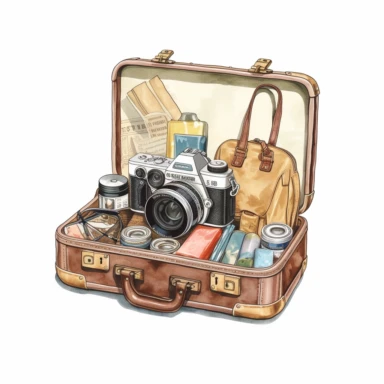 watercolor, hyper realistic, white background, white margins, 16k, ultra detailed clipart, cut out image, hand-drawn, whimsical manhwa style, ultra HD, sharp and clean art a vintage suitcase partially open, showcasing travel essentials such as a camera, passport, sunglasses, and a guidebook, symbolizing the preparations for a memorable trip. earthy brown pastel