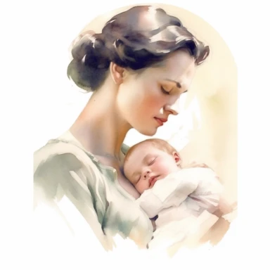 beautiful detailed watercolor of mother with newborn infant, old fashioned, 1930's, idealistic, white, clean, clipart