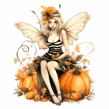 watercolor style Halloween fairy, clipart, large orange,wings, black white stripes, pumpkin, isolated on white background, in the style of Amy Brown, beautiful fall floral, bright color, crisp lines, chaos 8