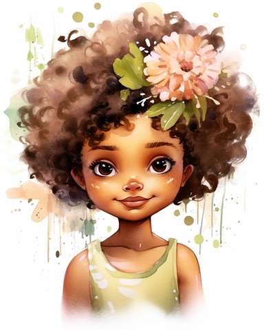 a little afro girl portrait in watercolor Disney style clipart on white background, hugh eyes, sarah kay, holly hobbies, valentines day