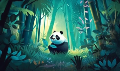 a panda in jungle trees in an animated clip, in the style of folk-inspired illustrations, dark indigo and green, the center of the picture is Baby blue,interactive exhibits, flat form, 2d game art, children's book illustrations, scientific illustrations, oil painting,