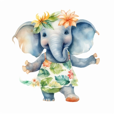 Summer hawaiian Chubby cute happy dancing elephant clipart watercolor isolated on the white background sublimation, Monica Rohan, white background realistic, watercolor, textured 8k, detail illustration, white background