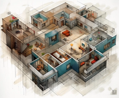 clipart of floor plan for homes with building numbers, in the style of escher-inspired, tagging-like marks, comiccore, creased, graph paper grids, architectural illustrator, meticulous design