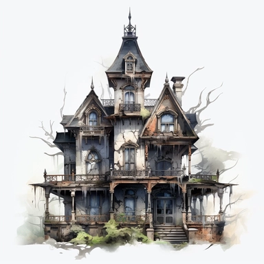 Watercolor clipart, Haunted mansion, spooky, highly detailed, multilayered realism, UHD, 8K, 3D, solid white background