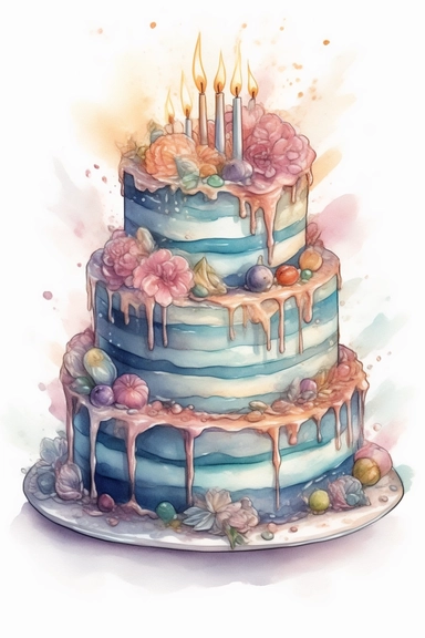 amazing detailed watercolor clipart of a beautiful detailed pastel colored birthday cake, no caption, solid white background, cinematic light lighting, hyper-detailed, 8k, high resolution, symmetrical, full shot photograph, insanely detailed and intricate, beautiful, elegant, glamour, watercolor, cinematic