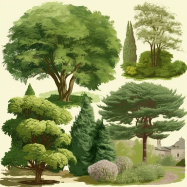 clipart set of garden plants and trees, classical oil painting style