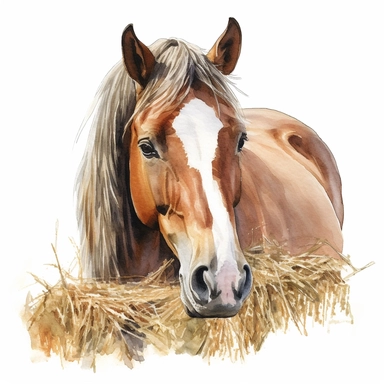 watercolour realistic horse eating hay beautifully detailed perfect realistic facial features four perfect legs and hooves beautiful horse non blurry clear image beta upscale , png image,high resolution,300dpi,graphic clipart,computer graphics