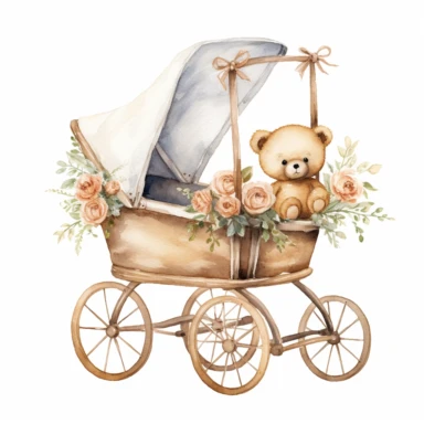 clipart, cute, boho, simple, clean watercolor, baby trolley with vintage bears inside