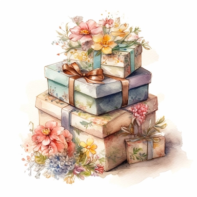 insanely beautiful pile of 3 gift packages , in the style of beatrice potter, 32k uhd, hand-painted details, pastoral illustrations, amazing colour combinations , aquarellist, hd , white background clipart ,-- no watermark--ar 27:37