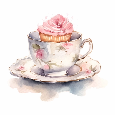 Clipart, Watercolor, Shabby Chic Tea Cup with saucer, sweets and cake out , light colors, hand-draw, texture