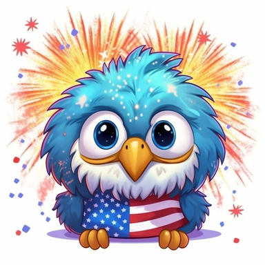 Super cute, American flag with blad eagle with firework Sublimation Clipart, Cartoon funny, Cute anime, Very detailed, blue skycolorful background