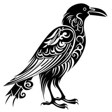 a raven silhouette tattoo made out of Viking symbols black and white clipart on white background