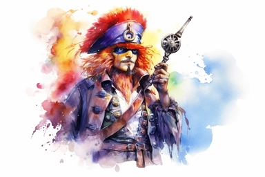 Watercolor, Design a cartoon character dressed as a pirate, with an eye patch and a parrot on the shoulder, depicting a pirate captain clipart, hd, on a white background, spaced out
