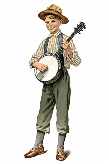 Vintage 1920 Full Body View of a Victorian Kid Playing Banjo Illustration, Chromolithograph, 1920s Illustration, Vintage, Chromolithograph, Colorful, Antique, Ephemera, Clipart, 8k, Isolated on white
