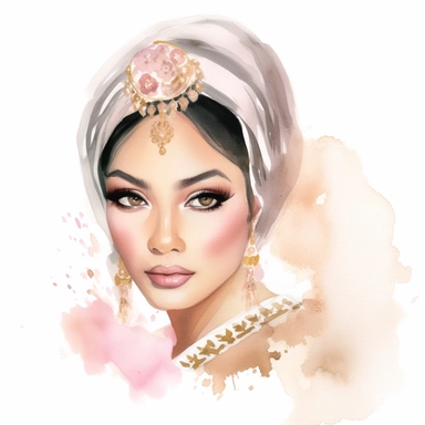 asian Bride's Makeup Clipart: This watercolor clipart captures the bride's soft makeup look, highlighting her eyes and lips in delicate pastel hues.