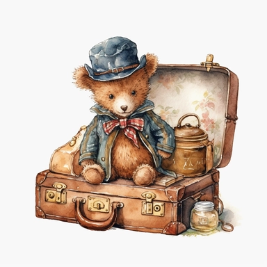 cute baby teddy bear, traveling in luxury antique train with vintage Louis Vuitton suitcases, wearing vintage traveling clothes , sublimation graphics, by Beatrix Potter, Watercolor clipart, single design, print on demand image, PNG transparent background, white background, 8k