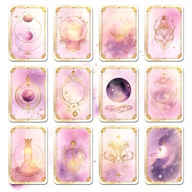 Tarot Cards, in the style of watercolor illustrations, pink and gold, soft lilac, magical and mystical, galaxy elements, modern minimal watercolor, on white background, clipart