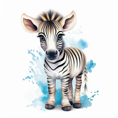 a colorful baby zebra with kind eyes clipart with watercolor illustration,full body shot,8k,etsy style, white background