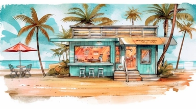 Beach Coffee shop clipart water color light blue retro style