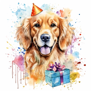 watercolor of a birthday golden retriever isolated on a white background, detailed ,realistic ,rtx on,textural richness,colorful imagery,digital illustration, clipart,