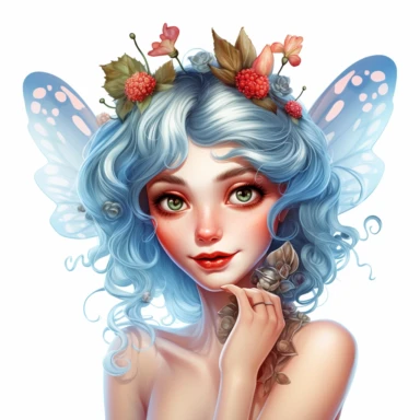 a whimsicel beautiful Fairy Closeup face, big blue deep eyes, with high detailing with facial hare and lips, laughing , a big Ladybugs sitting on her hand, Clipart on a white background
