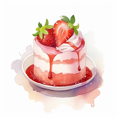 strawberry dessert, pastel colors, light watercolor, few details, dreamy, Studio Ghibli, clipart, white background