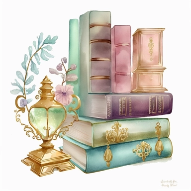watercolored image of antique books , on a shelf , with decorative borders , bright and light colors , flowers and golden glass fixtures next to the books ,light purple color , light blue colors , light green , brown and tan, champane colors pink , pastel green, clip art , in the style of rococo pastel hues, white background