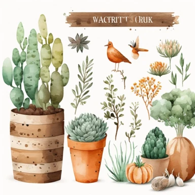 rustic decor garden watercolor clipart on white background, brown green terracotta orange wood white grey, carrot