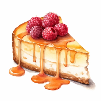 This highly detailed watercolor clipart depicts a heavenly Pumpkin Cheesecake with caramel on a pristine white background. The artwork showcases the luxurious combination of creamy white chocolate and tart raspberries. The cheesecake is exquisitely rendered with intricate brushstrokes, highlighting its velvety texture and rich flavor. Plump raspberries add a vibrant burst of color, enhancing the visual appeal. Against the clean white backdrop, this clipart exudes an irresistible allure, making i