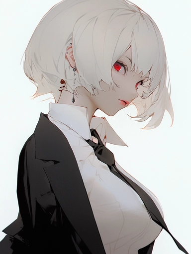 best quality, cold attitude, red eyes, short hair, white hair, white shirt, black jacket, bowtie, hair ornament hair clip, she looks very relaxed, side face, white atmosphere, high quality, masterpiece, flat color, 1girl, not looking at viewer,,--ar 1:2