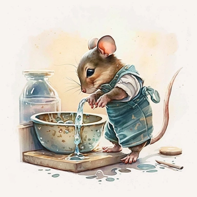 clipart watercolor cute realistic mouse cleaning washing dishes like a human, dressed like a human