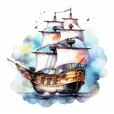 cute watercolor pirate ship clipart, full body, hd, on white background, spaced out