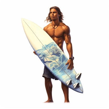 beautiful stunning hawaiian surfer young man , paint art style, clipart, white background, superrealistic, one of a kind