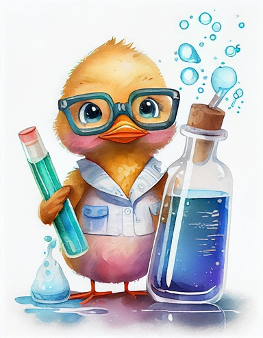 detailed watercolor kawaii duck with eyeglasses wearing a lab gown holding a test tube with chemicals, facing front, isolated on a white background, clipart
